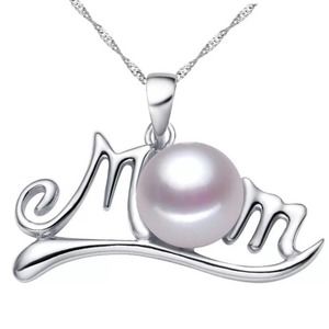 7mm Genuine Pearl “Mom” Necklace 18k White Gold Plated